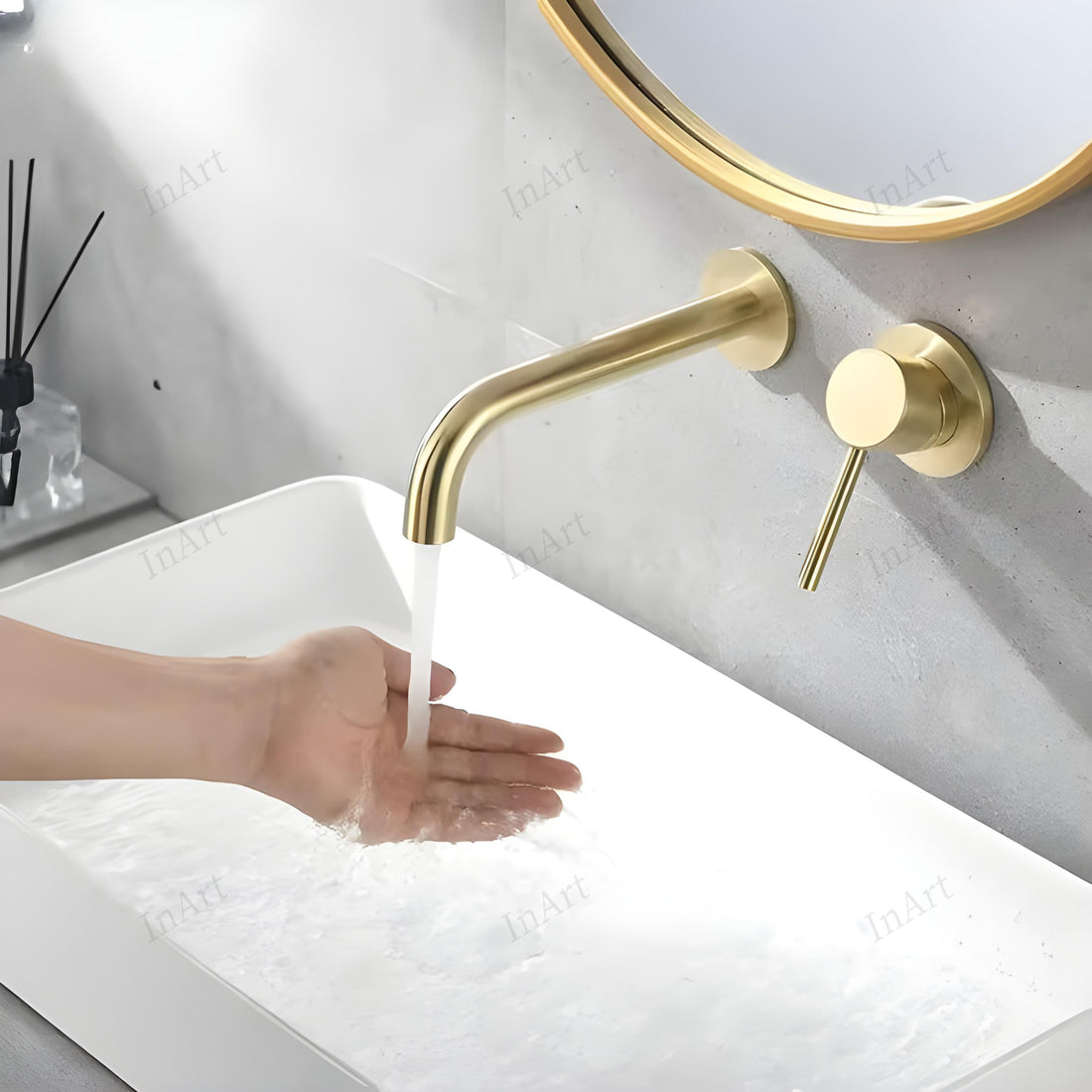 InArt Gold Waterfall Faucet Tap | Wall Mounted Brass Basin Mixer | Concealed Parts | Single Lever | Hot & Cold Water | Modern Design | Brushed Golden Finish WMF004