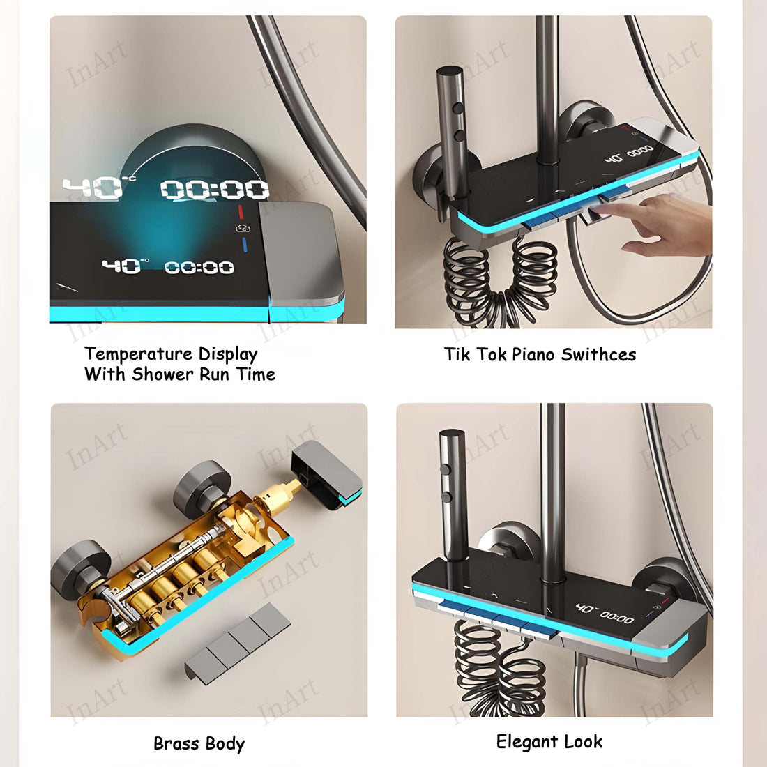 InArt Thermostatic Shower Set, Stainless Steel & Brass, Gun Grey, Real-Time Water Temperature Display, Rainfall Showerhead, Hand Shower, Bidet Gun, Tub Spout SP056