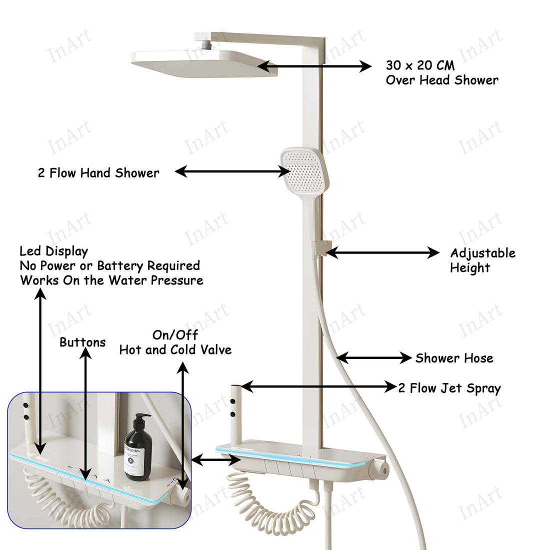 InArt Thermostatic Shower System Digital Display Shower Faucet Set Wall Mount Piano Keys Rain Shower Combo Set with 12" Shower Head, Hand Shower Spray, 2 in 1 Jet Spray, Tub Spout Beige Color SP058