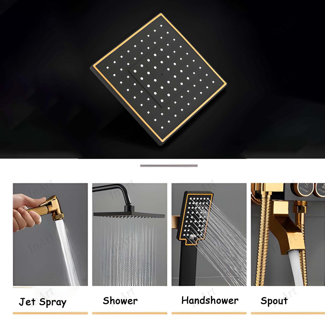 InArt Wall Mixer Shower Panel: SS304 Stainless Steel, Multi-Mode Rainfall & Waterfall, Black and Gold Finish, Easy Install, Complete Set - Black Gold Color SP055