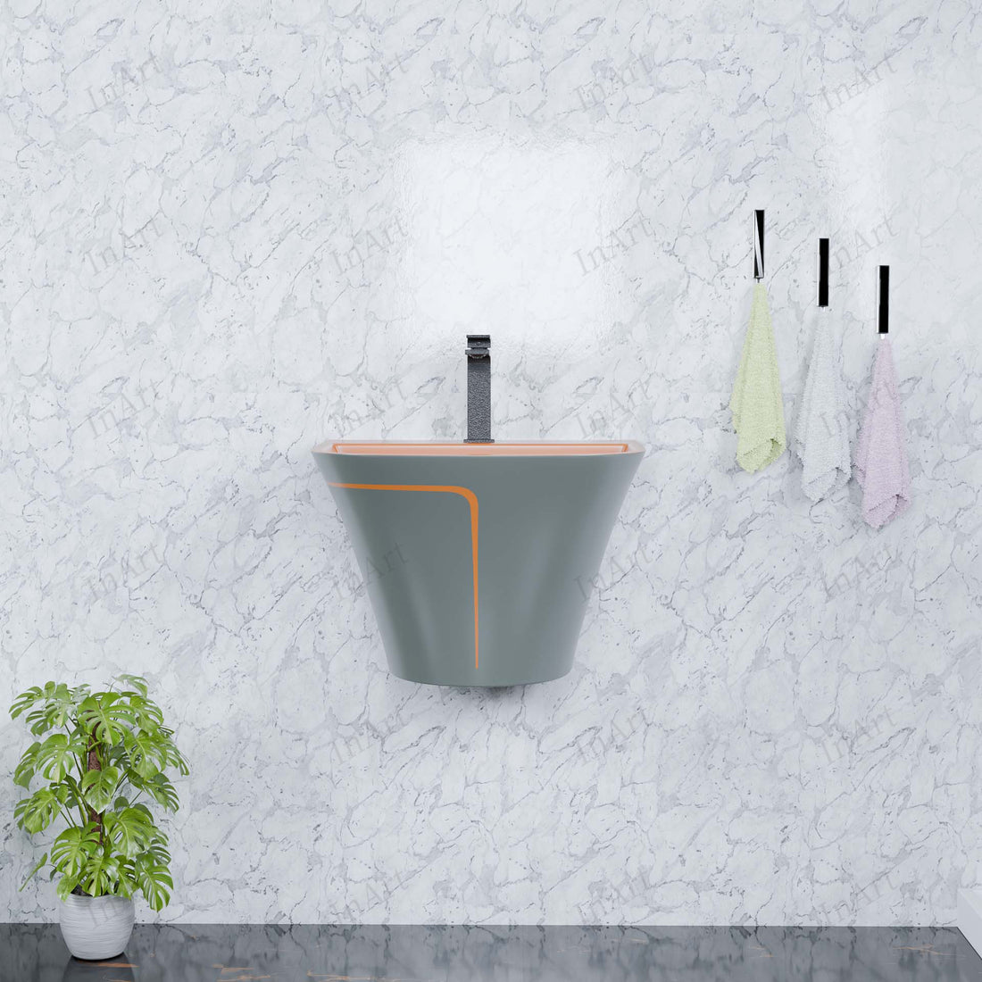 Inart Wall-Hung Half Pedestal Ceramic Wash Basin in Grey Matt - Modern, Easy-to-Clean Bathroom Vessel Sink, 49.5x44cm HPD003