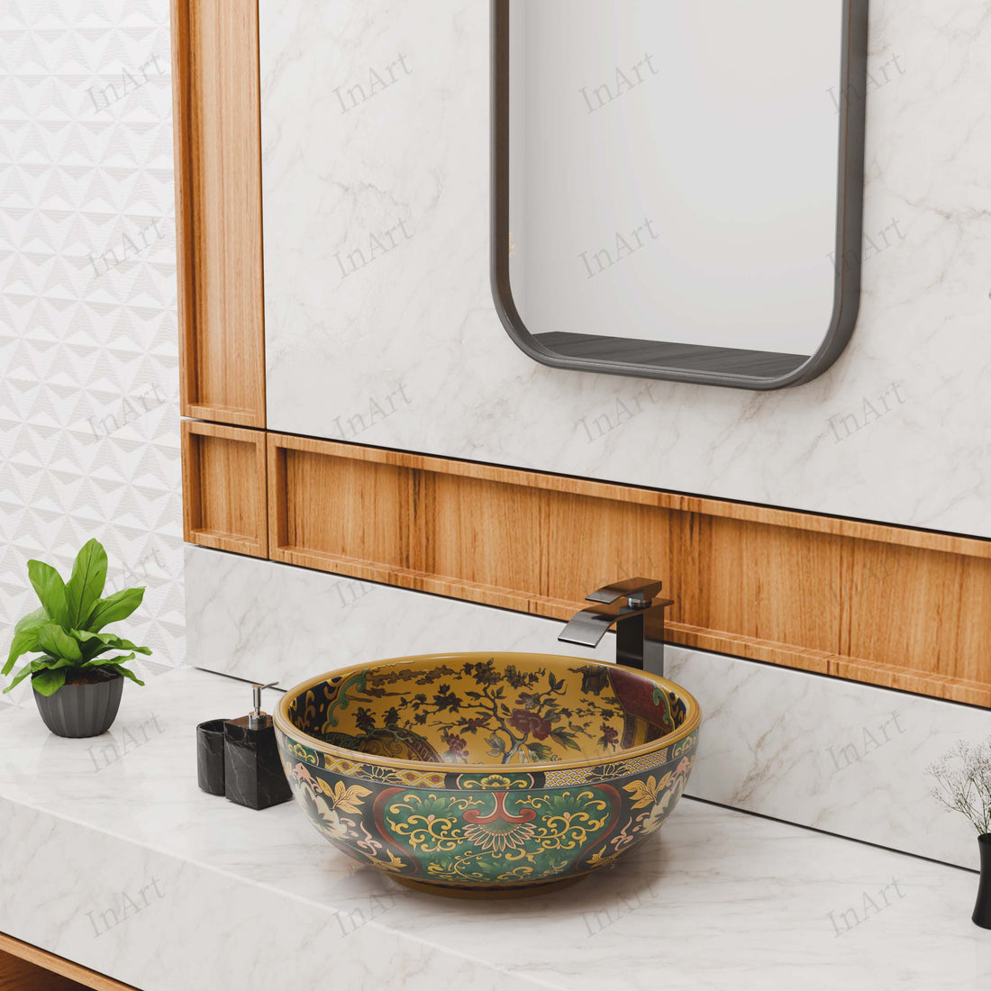 InArt Moroccan Ceramic Multi-Color Pattern Wash Basin - Countertop Tabletop Basin for Bathroom/Home/Office/Hotels (16.5 x 16.5 x 5.5 Inch) DW344