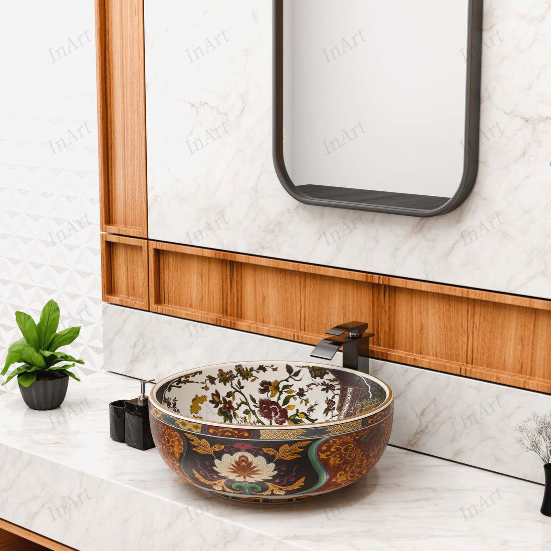 InArt Moroccan Ceramic Multi-Color Floral Wash Basin - Countertop Tabletop Basin for Bathroom/Home/Office/Hotels (16.5 x 16.5 x 5.5 Inch)  DW341