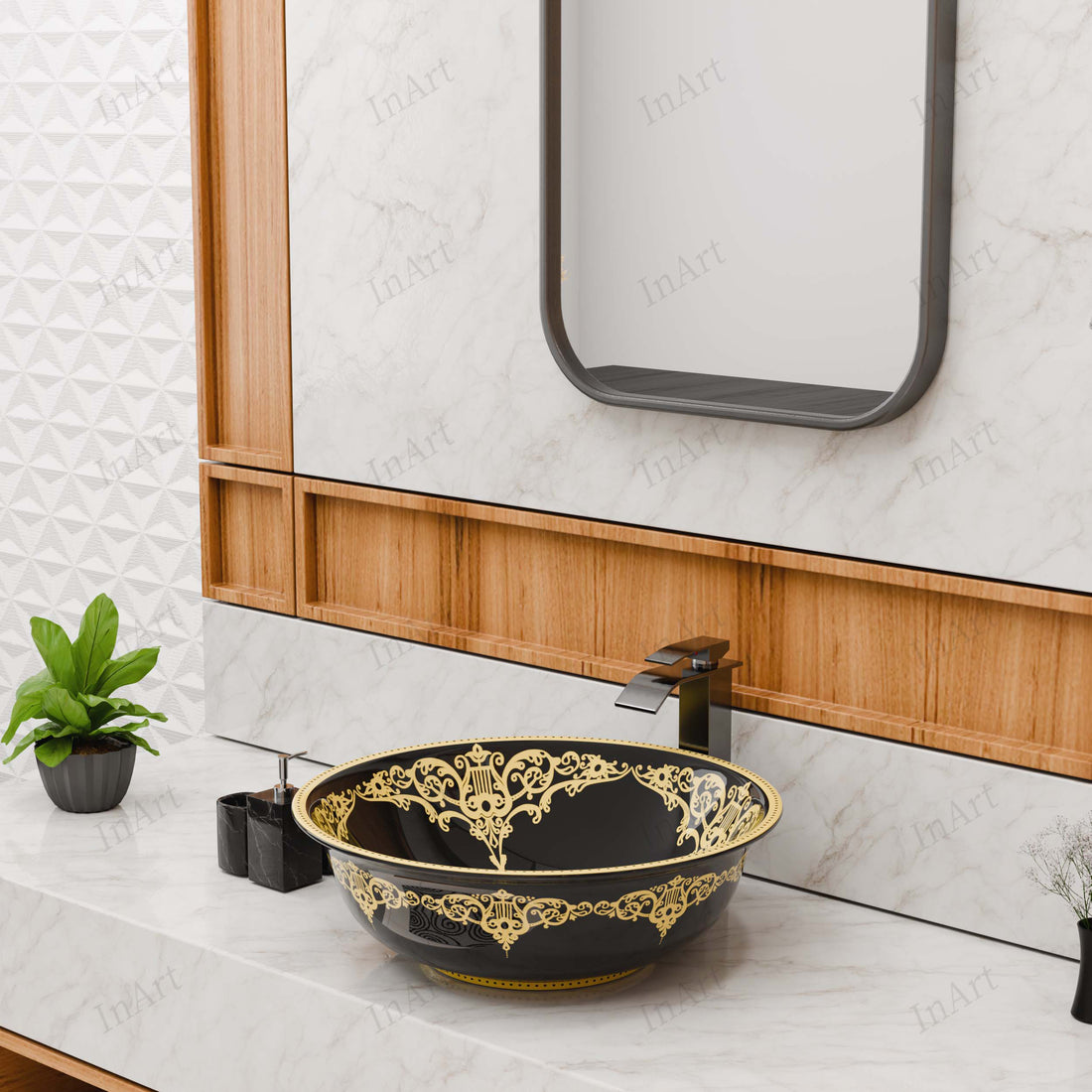 InArt Moroccan Ceramic Black Gold Wash Basin - Countertop Tabletop Basin for Bathroom/Home/Office/Hotels (16.5 x 16.5 x 5.5 Inches) DW342