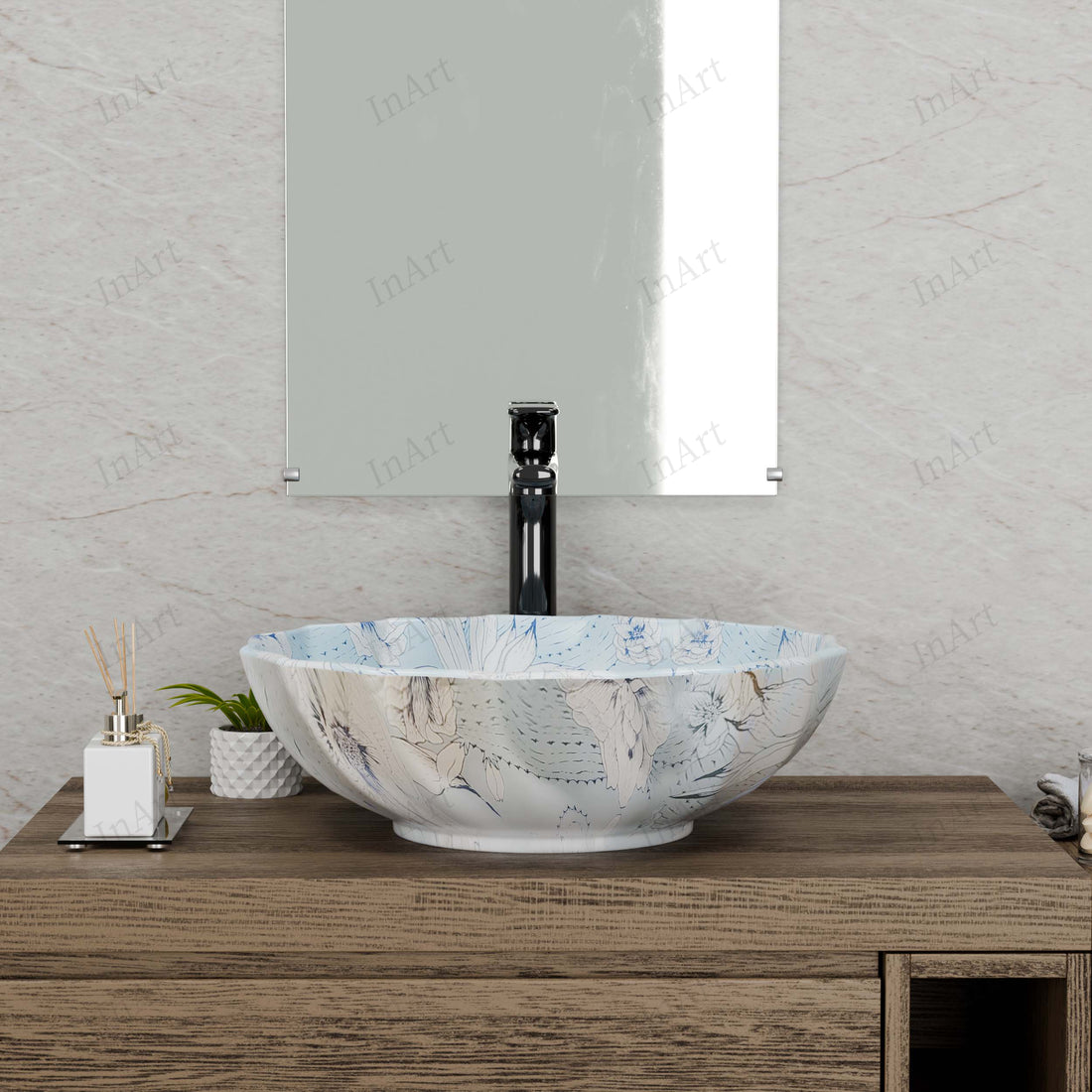 InArt Ceramic Light Blue Round Wash Basin - Designer Vessel Sink for Bathroom (18 x 18 x 6 Inch) DW339