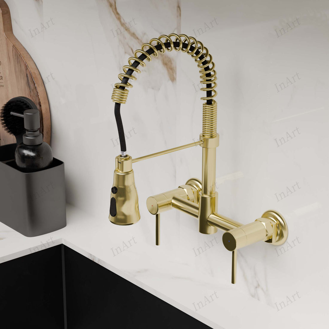 InArt Stainless Steel Wall-Mounted Kitchen Sink Mixer Tap with 360° Swivel Pull-Out Sprayer, 3 Flow Spray Head, Brushed Gold Finish, 7 Years Warranty KSF051