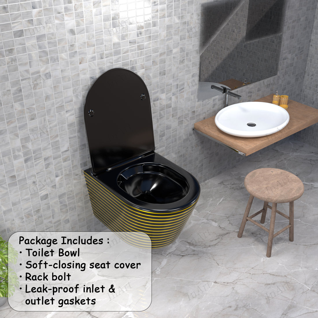 InArt Ceramic Rimless Wall Hung or Wall Mounted Water Closet Toilet with Soft Seat Cover Black Gold Color DWH004