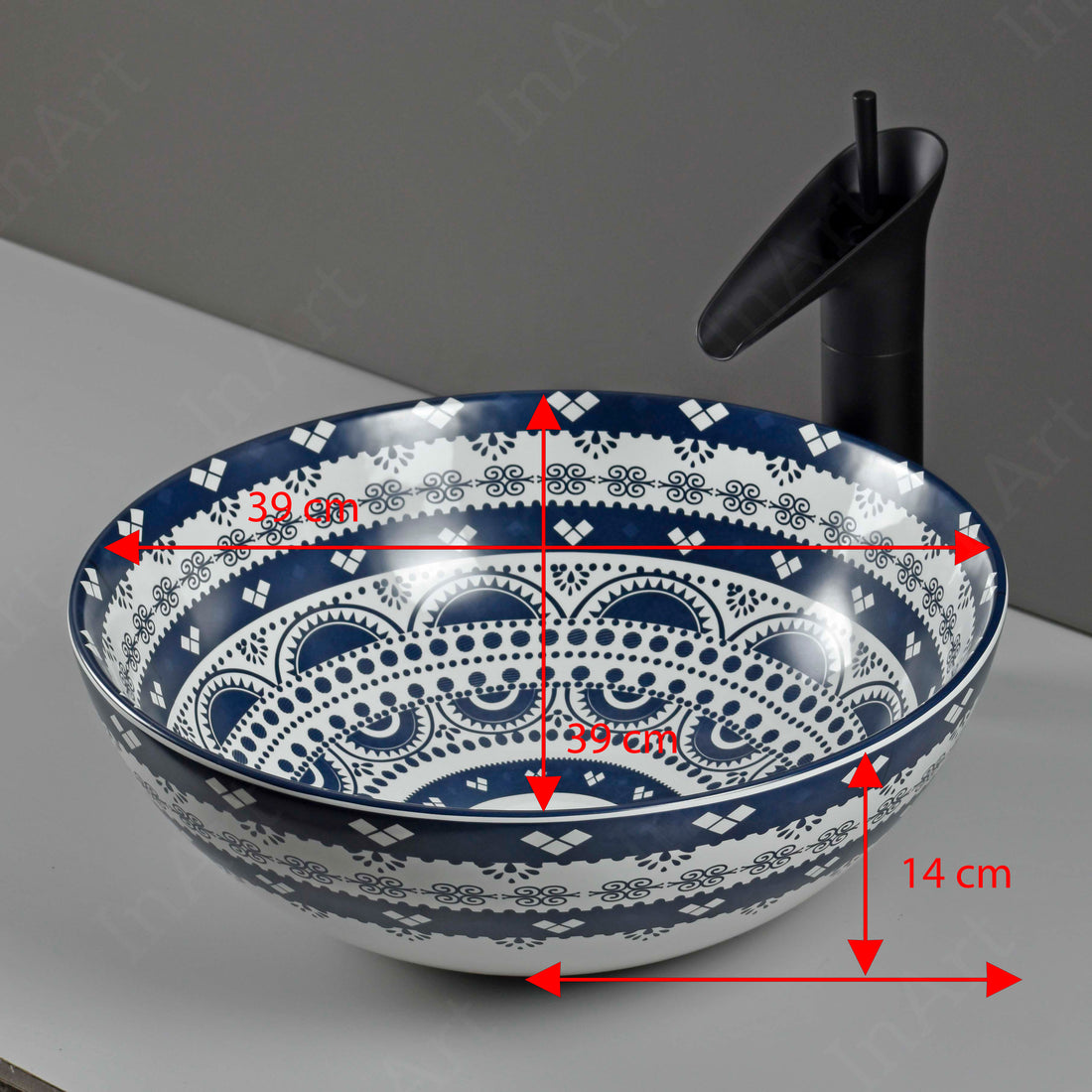 InArt Ceramic Tabletop Wash Basin, 39 x 39 x 14 CM, Round, Blue, Premium Bathroom Basin DW336