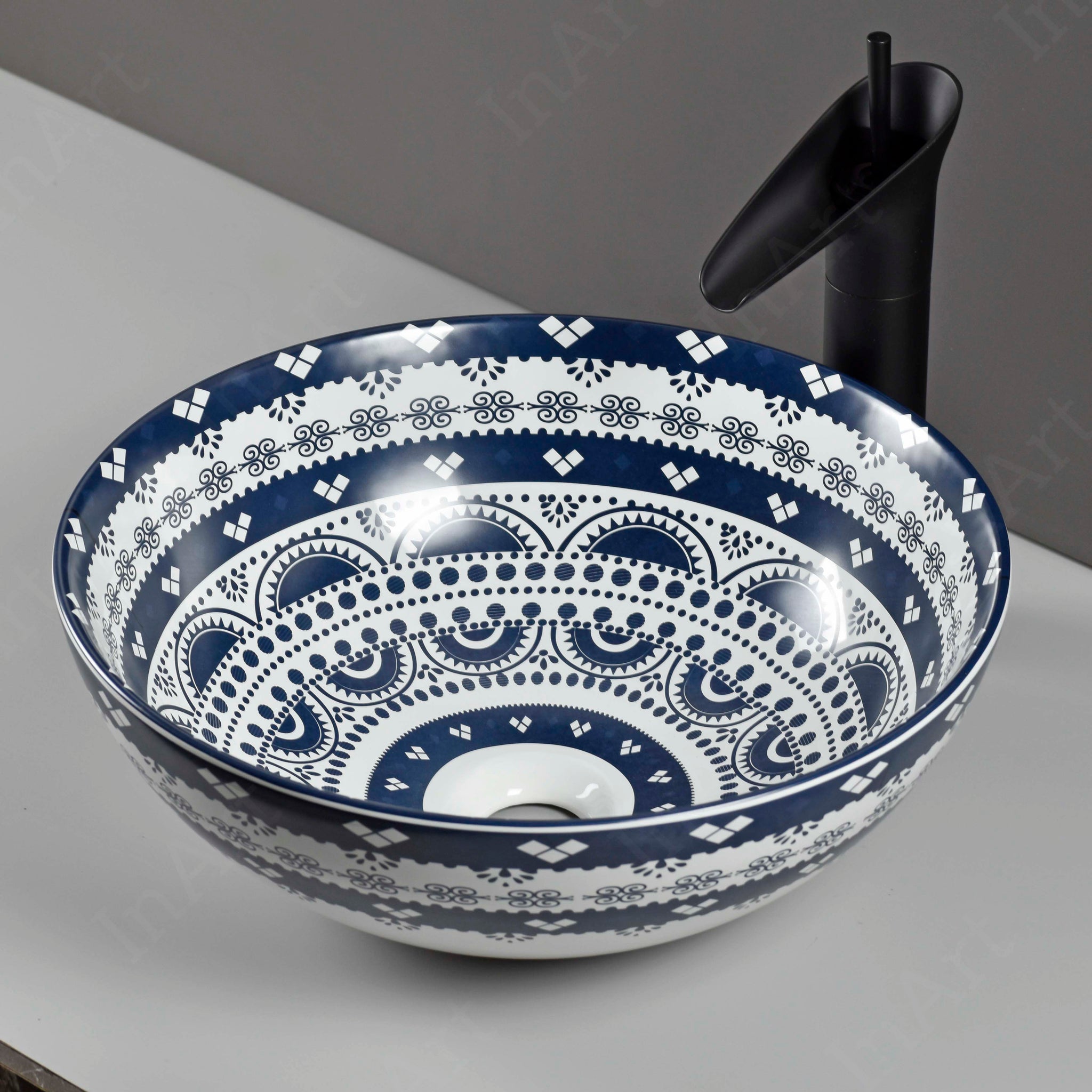 InArt Ceramic Tabletop Wash Basin, 39 x 39 x 14 CM, Round, Blue, Premium Bathroom Basin DW336