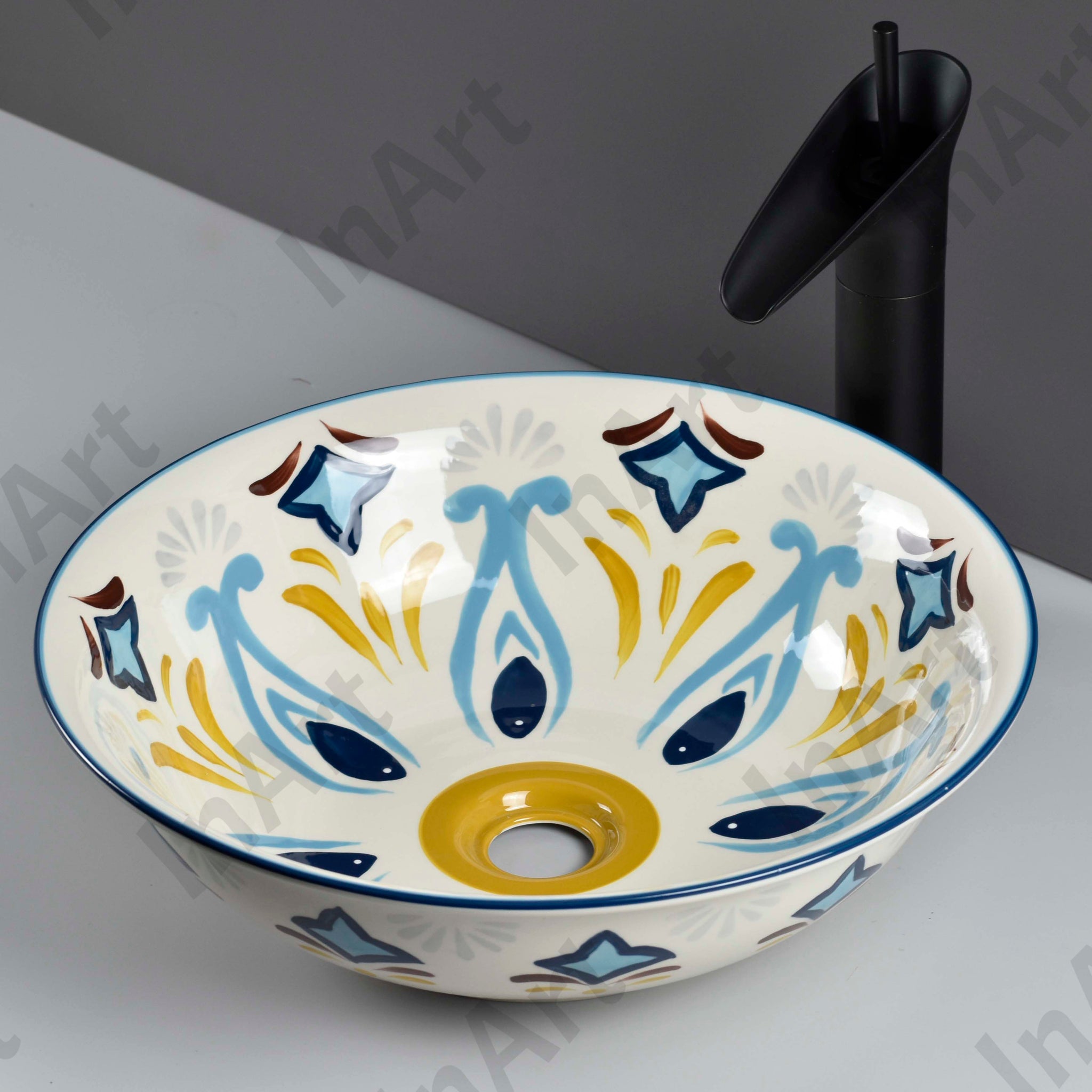 InArt Ceramic Tabletop Wash Basin, 42 x 42 x 13 CM, Round, Art Mexican Blue, Designer Wash Basin DW334