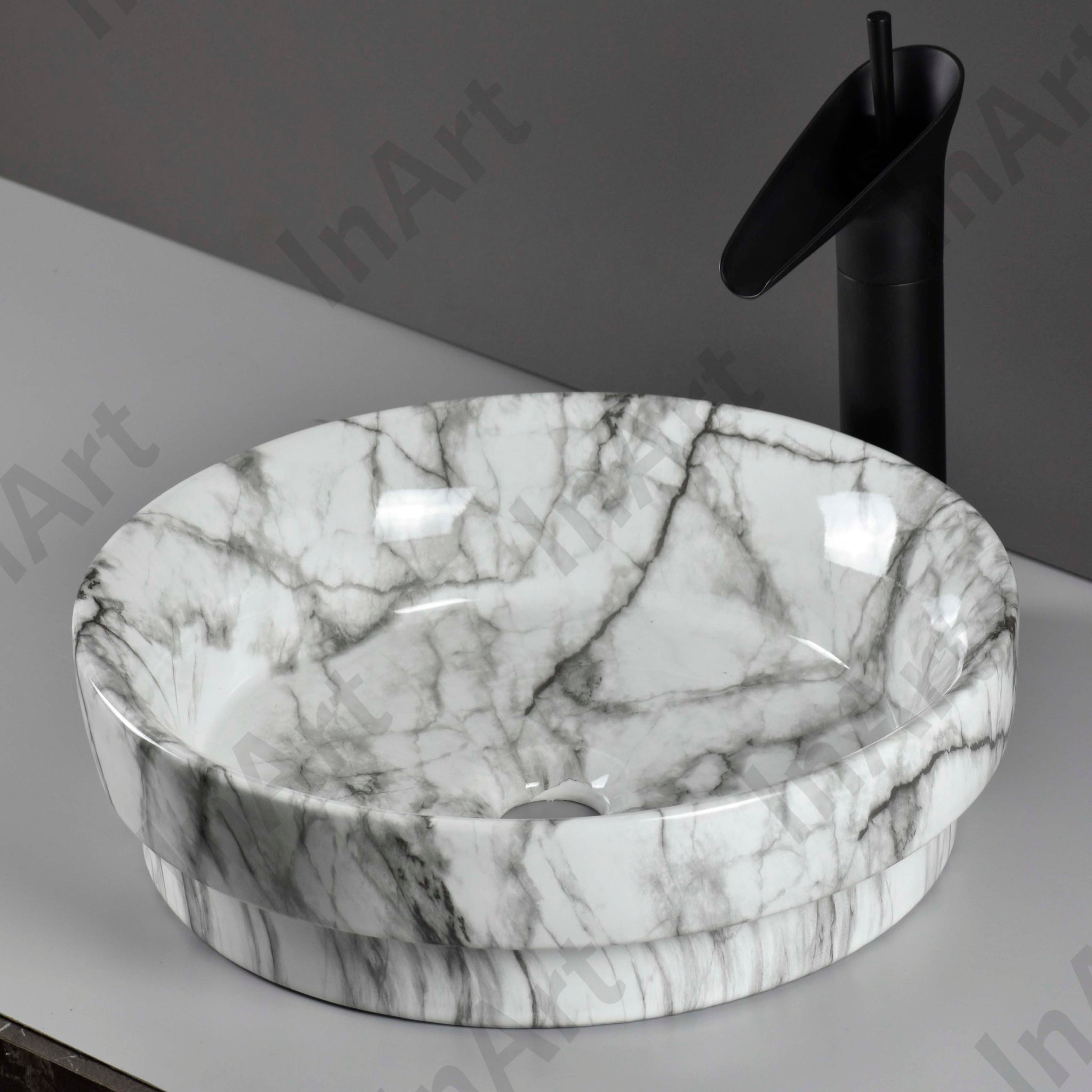 InArt Ceramic Tabletop Wash Basin, 40 x 40 x 15 CM, Round, White Marble, Modern Bathroom Basin DW328