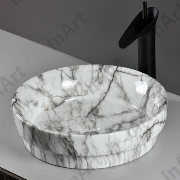 InArt Ceramic Tabletop Wash Basin, 40 x 40 x 15 CM, Round, White Marble, Modern Bathroom Basin DW328