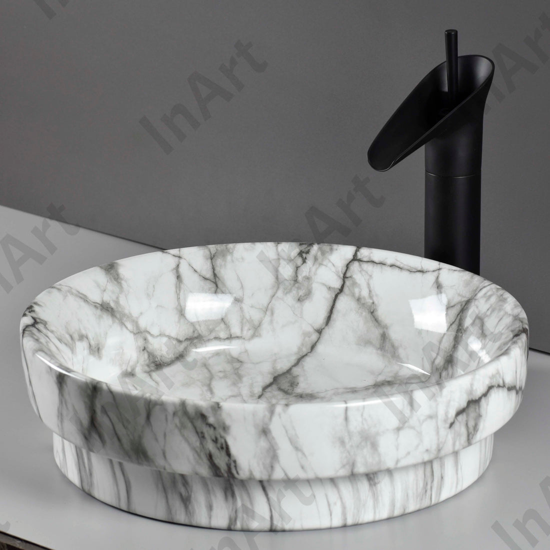 InArt Ceramic Tabletop Wash Basin, 40 x 40 x 15 CM, Round, White Marble, Modern Bathroom Basin DW328