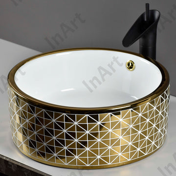 InArt Ceramic Tabletop Wash Basin, 40 x 40 x 16 CM, Round, Gold, Elegant Wash Basin DW329