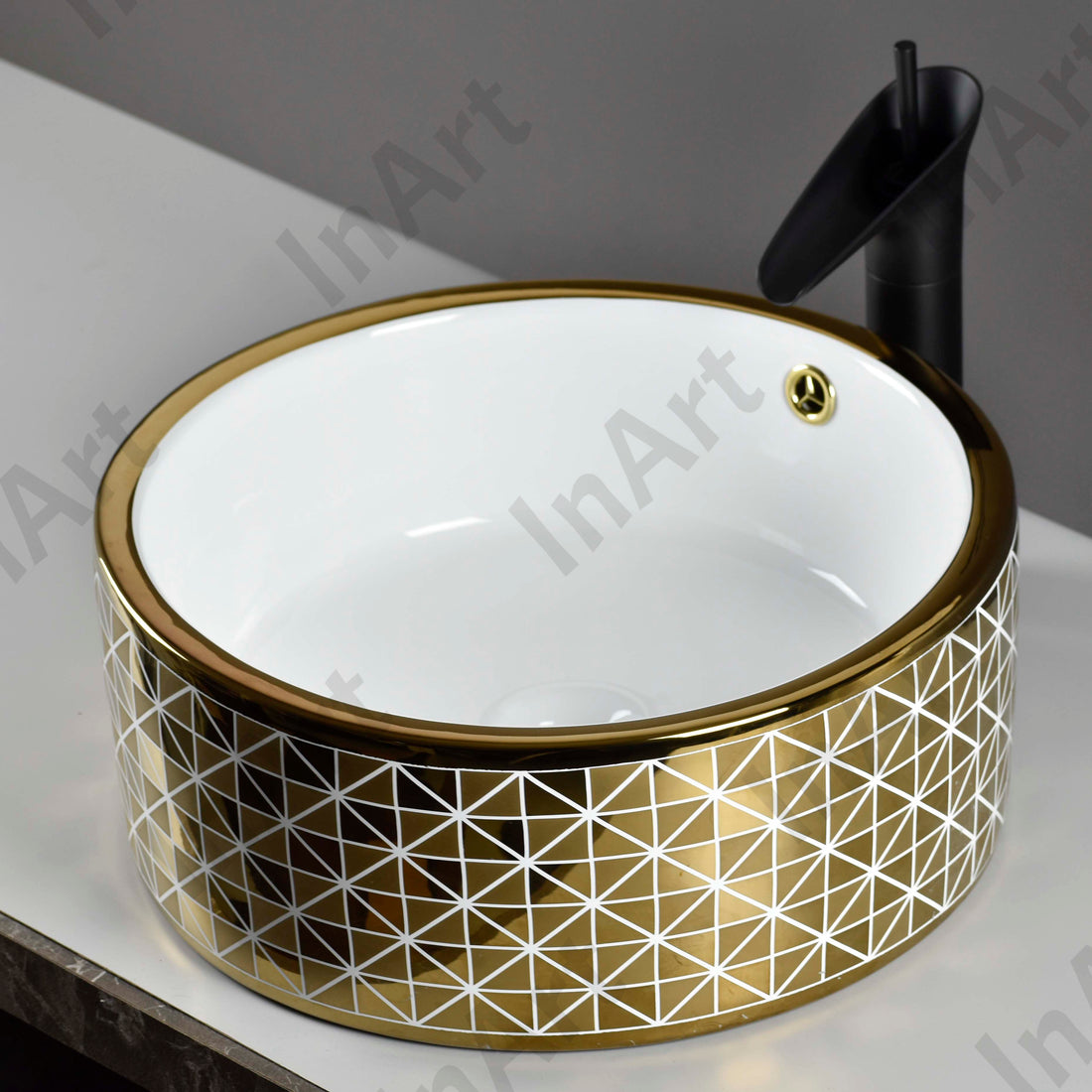 InArt Ceramic Tabletop Wash Basin, 40 x 40 x 16 CM, Round, Gold, Elegant Wash Basin DW329