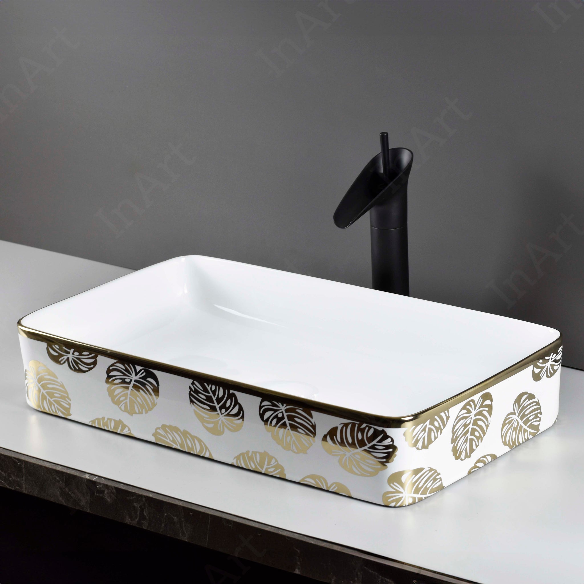 InArt Ceramic Tabletop Wash Basin, 61 x 34 x 11 CM, Rectangle, White Gold Leaf, Premium Wash Basin DW330