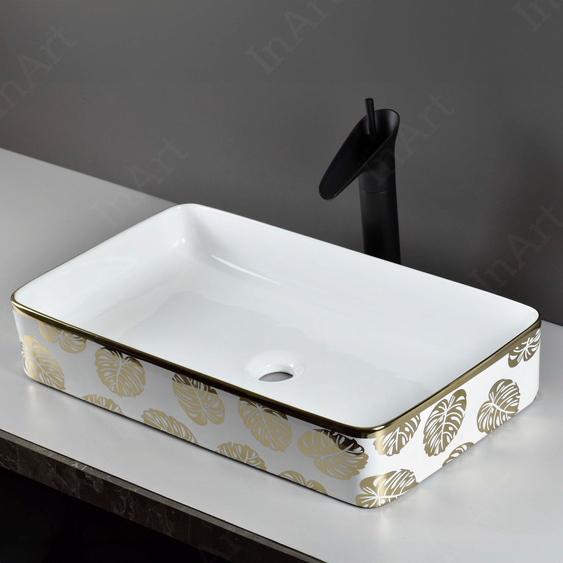 InArt Ceramic Tabletop Wash Basin, 61 x 34 x 11 CM, Rectangle, White Gold Leaf, Premium Wash Basin DW330