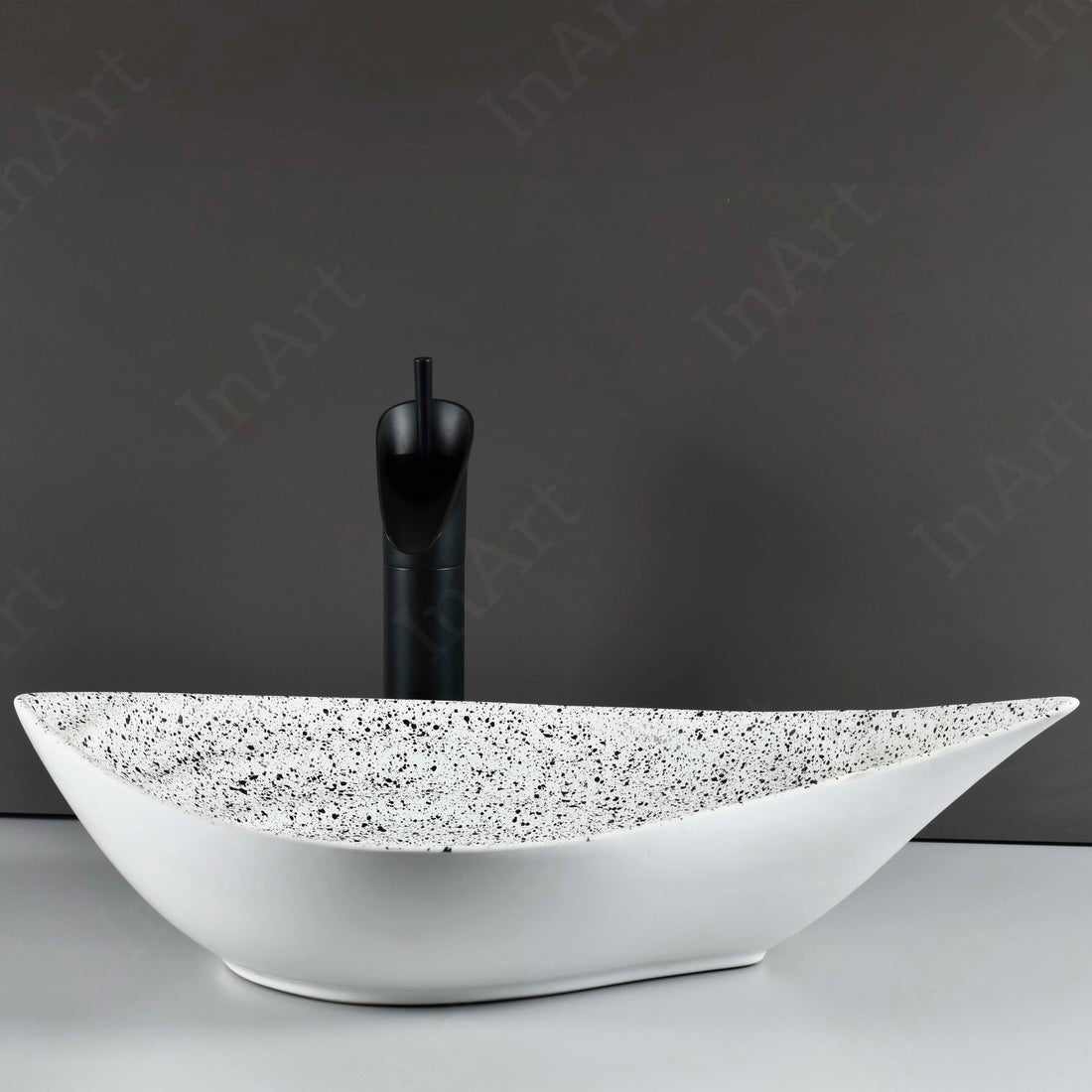 InArt Ceramic Tabletop Wash Basin, 50 x 32 x 16 CM, Leaf Shape, Marble, Unique Bathroom Sink DW331