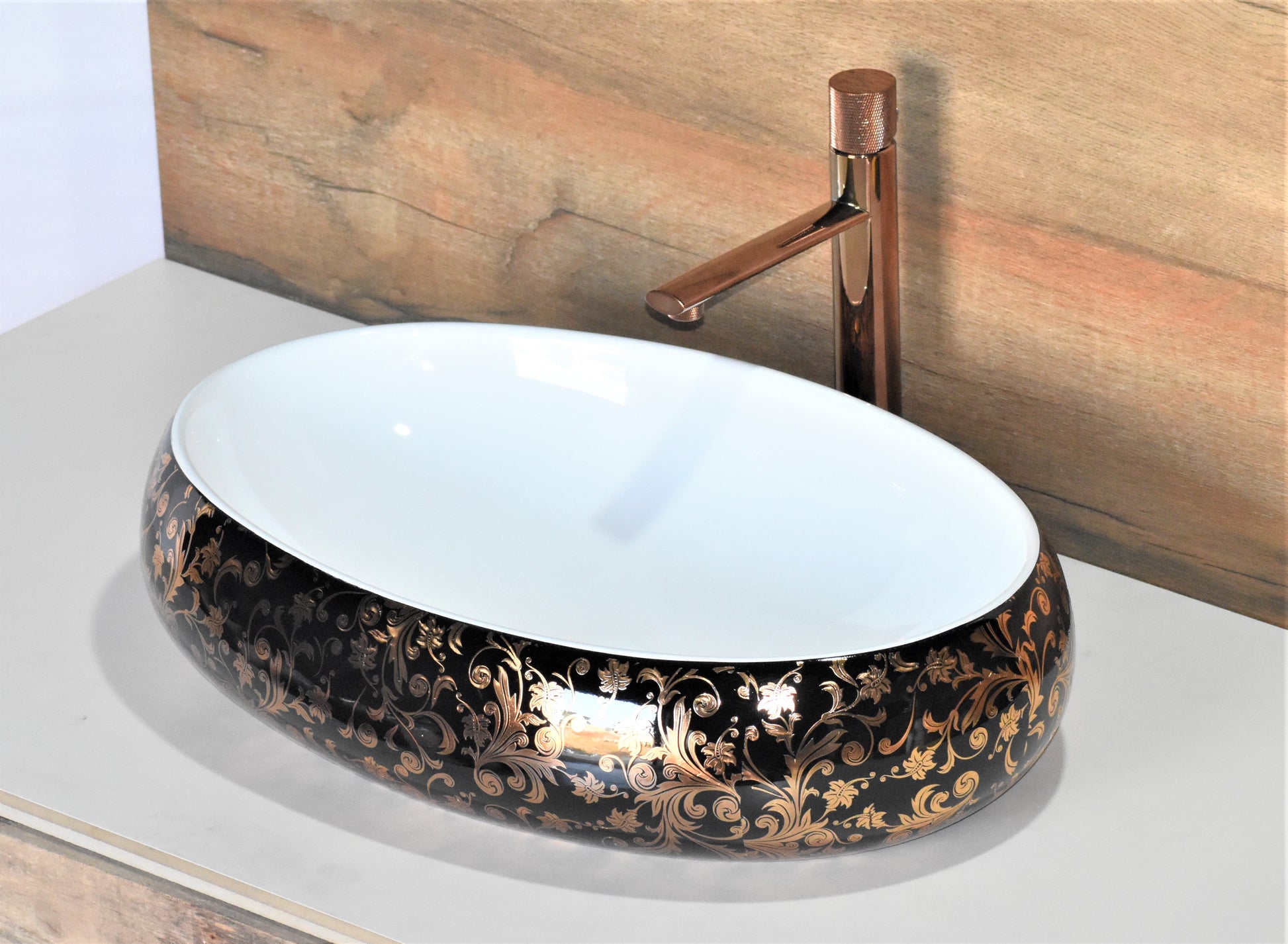 InArt Ceramic Counter or Table Top Wash Basin 61x41 CM Gold Black - InArt-Studio