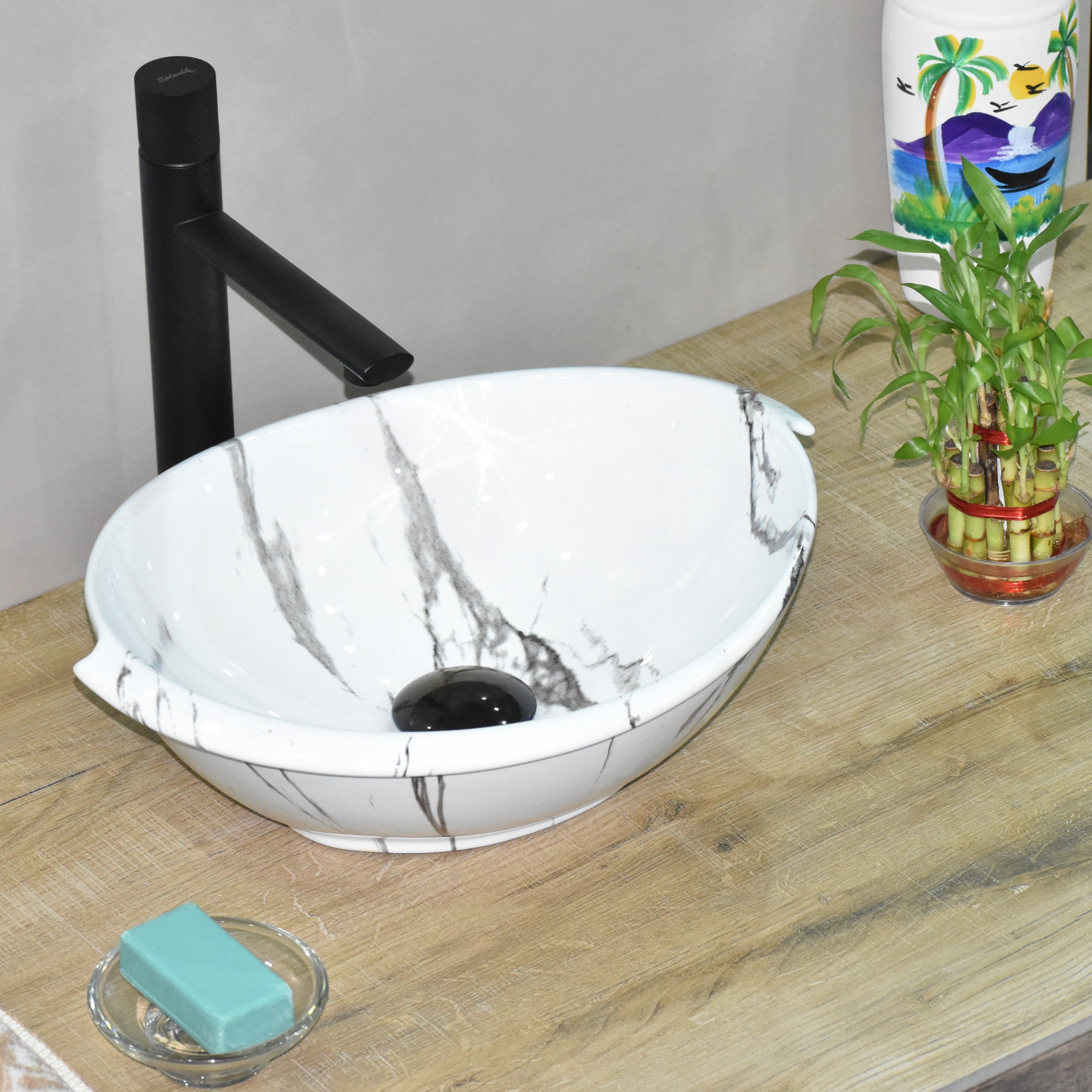 Inart Ceramic Counter Or Table Top Wash Basin 41x33 Cm White Marble Dw