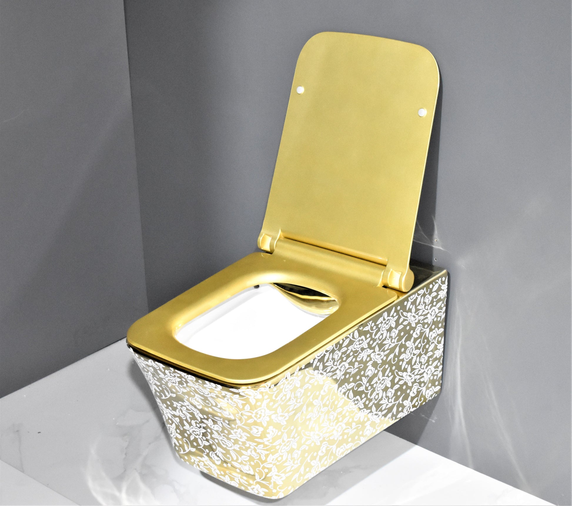 InArt Ceramic Rimless Wall Hung or Wall Mounted Water Closet Toilet with Soft Seat Cover White Gold Color - InArt-Studio