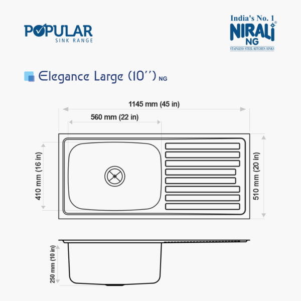 Nirali NG AISI 304 Grade Stainless Steel Single Bowl With Drainboard Kitchen Sink Elegance NG - InArt-Studio