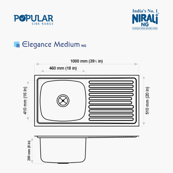 Nirali NG AISI 304 Grade Stainless Steel Single Bowl With Drainboard Kitchen Sink Elegance NG - InArt-Studio