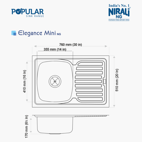 Nirali NG AISI 304 Grade Stainless Steel Single Bowl With Drainboard Kitchen Sink Elegance NG - InArt-Studio