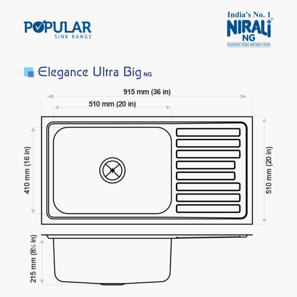 Nirali NG AISI 304 Grade Stainless Steel Single Bowl With Drainboard Kitchen Sink Elegance Ultra NG - InArt-Studio