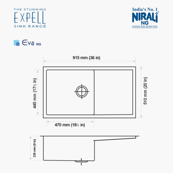 Nirali NG AISI 304 Grade Stainless Steel Single Bowl With Drainboard Kitchen Sink Eva NG Hairline Satin Finish - InArt-Studio