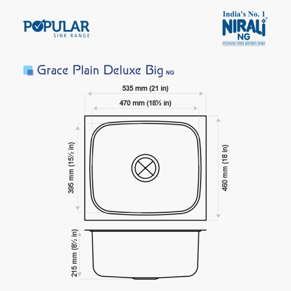 Nirali NG AISI 304 Grade Stainless Steel Single Bowl Kitchen Sink Grace Plain Deluxe NG - InArt-Studio