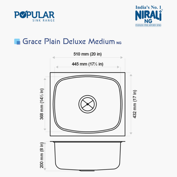 Nirali NG AISI 304 Grade Stainless Steel Single Bowl Kitchen Sink Grace Plain Deluxe NG - InArt-Studio