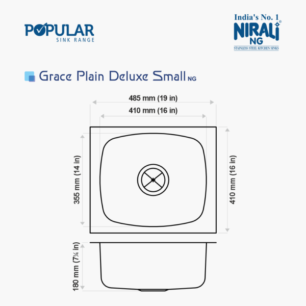 Nirali NG AISI 304 Grade Stainless Steel Single Bowl Kitchen Sink Grace Plain Deluxe NG - InArt-Studio