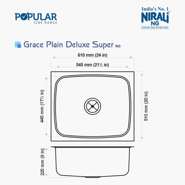 Nirali NG AISI 304 Grade Stainless Steel Single Bowl Kitchen Sink Grace Plain Deluxe NG - InArt-Studio