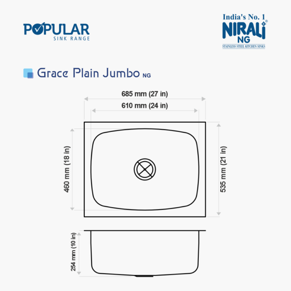 Nirali NG AISI 304 Grade Stainless Steel Single Bowl Kitchen Sink Grace Plain NG - InArt-Studio