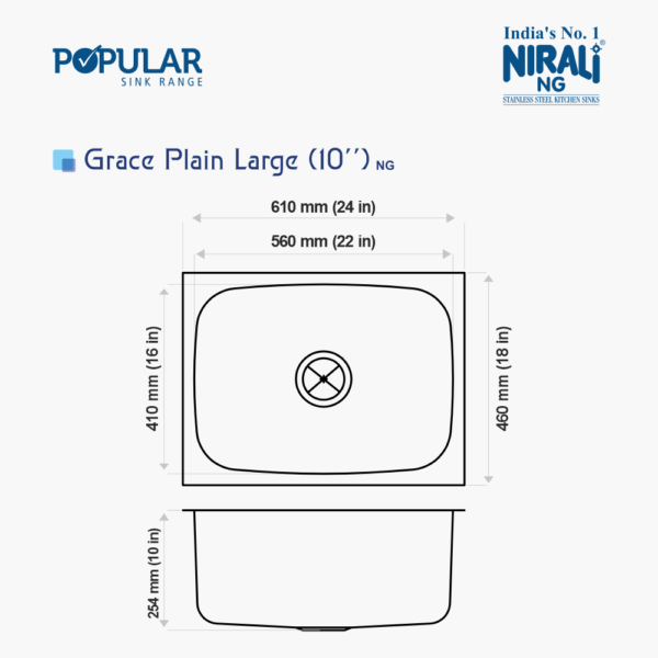 Nirali NG AISI 304 Grade Stainless Steel Single Bowl Kitchen Sink Grace Plain NG - InArt-Studio