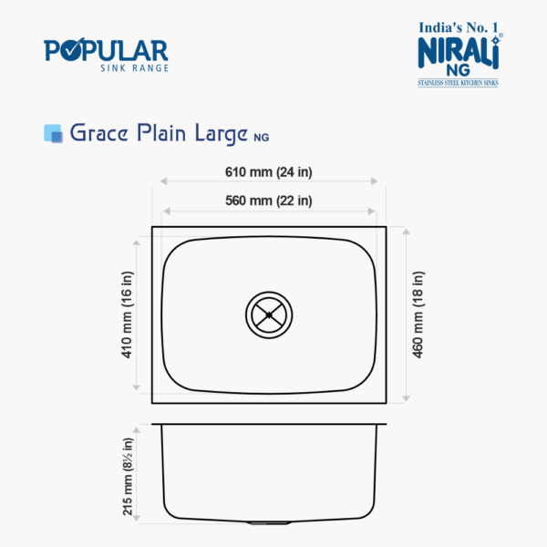 Nirali NG AISI 304 Grade Stainless Steel Single Bowl Kitchen Sink Grace Plain NG - InArt-Studio