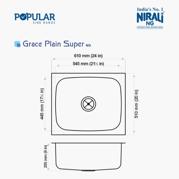 Nirali NG AISI 304 Grade Stainless Steel Single Bowl Kitchen Sink Grace Plain NG - InArt-Studio