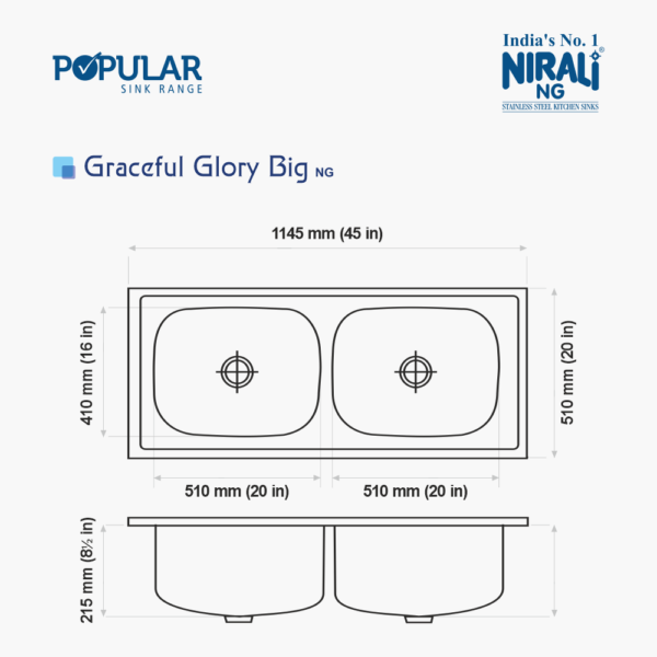 Nirali NG AISI 304 Grade Stainless Steel Double Bowl Kitchen Sink Graceful Glory NG - InArt-Studio