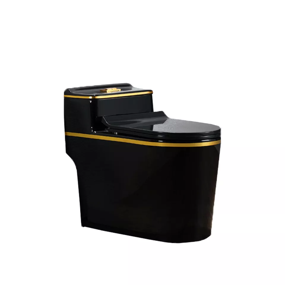 InArt Syphonic Washdown Flush Ceramic One Piece Western Toilet Commode - Water Closet Black Gold Glossy S-Trap - InArt-Studio