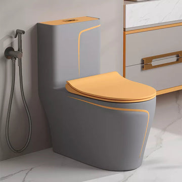 InArt Rimless Syphonic Ceramic One Piece Western Toilet Commode - European Water Closet S Trap Grey Orange Matt Finish - InArt-Studio