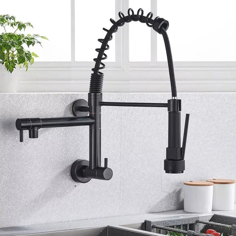 InArt Single Lever Wall Mounted Kitchen Sink Tap 360° Pull-Down Sprayer Kitchen Sink Cock Tap Faucet with Multi-Function Spray Head, Black Matt Finish - InArt-Studio