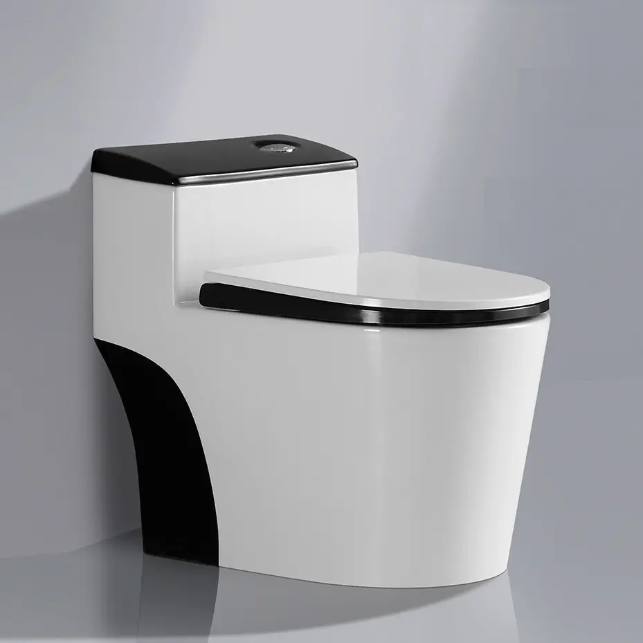 InArt Syphonic Washdown Flush Ceramic One Piece Western Toilet Commode - Water Closet White Black Glossy S-Trap - InArt-Studio