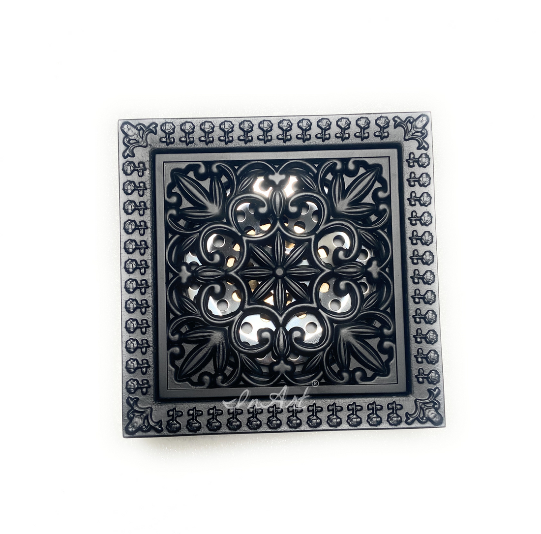 InArt Brass Antique Finish Floor Bathroom Water Drainer Bathroom Drain Grating with Anti-Foul Cockroach Trap 5 x 5 Inch Black Matt Floral Pattern - InArt-Studio