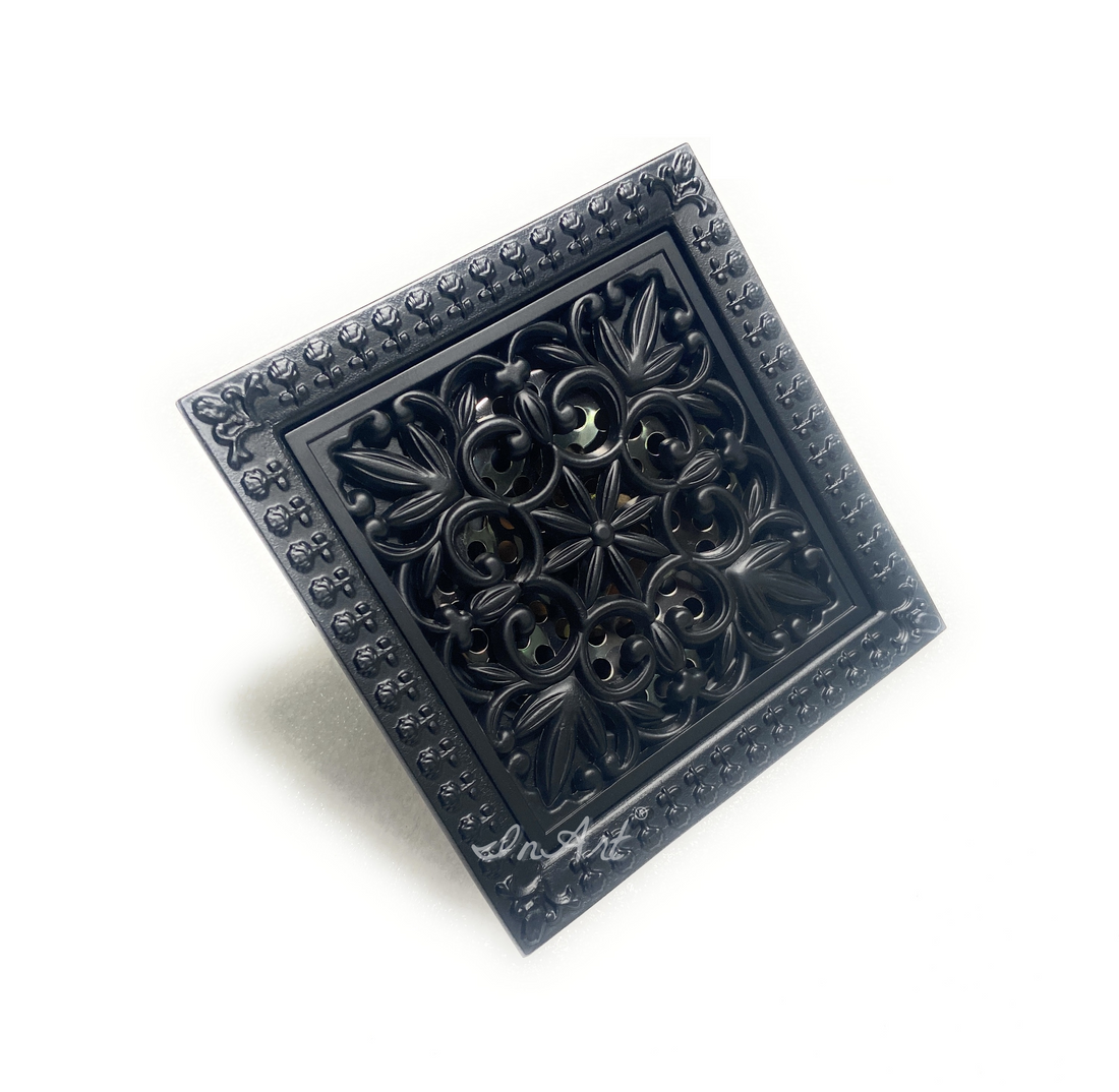 InArt Brass Antique Finish Floor Bathroom Water Drainer Bathroom Drain Grating with Anti-Foul Cockroach Trap 5 x 5 Inch Black Matt Floral Pattern - InArt-Studio