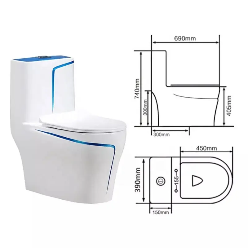 InArt One Piece Toilet Commode Rimless Syphonic - Ceramic Western Toilet Design Water Closet White Blue Glossy - InArt-Studio