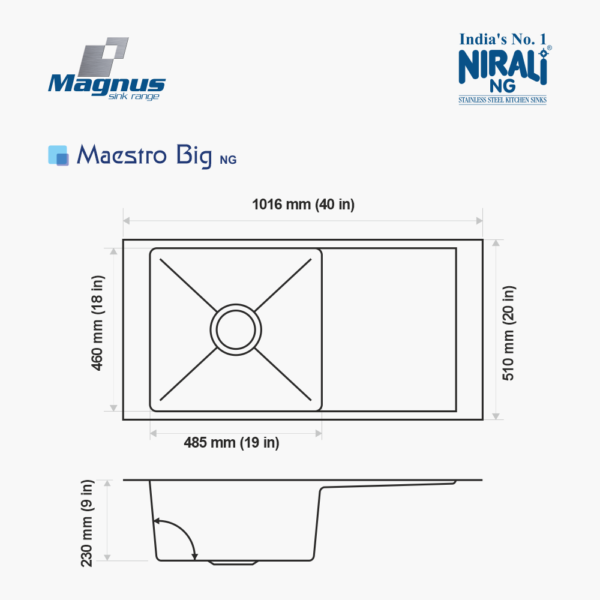 Nirali NG AISI 304 Grade Stainless Steel Single Bowl With Drainboard Kitchen Sink Maestro NG Hairline Satin Finish - InArt-Studio