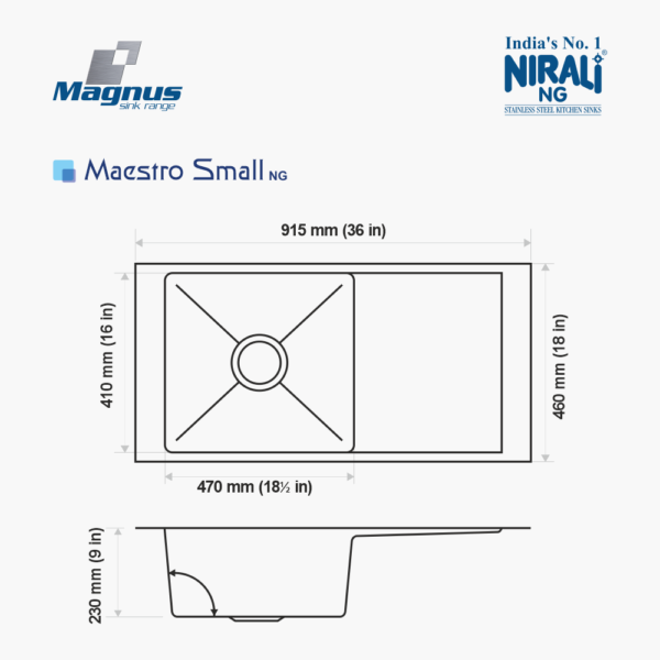 Nirali NG AISI 304 Grade Stainless Steel Single Bowl With Drainboard Kitchen Sink Maestro NG Hairline Satin Finish - InArt-Studio