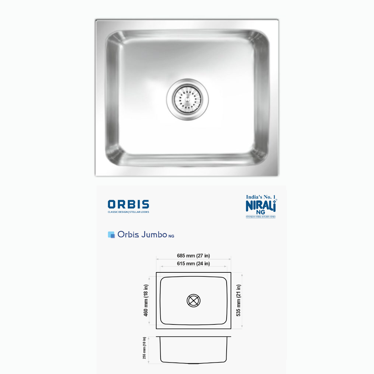 Nirali NG AISI 304 Grade Stainless Steel Single Bowl Kitchen Sink Orbis NG - InArt-Studio