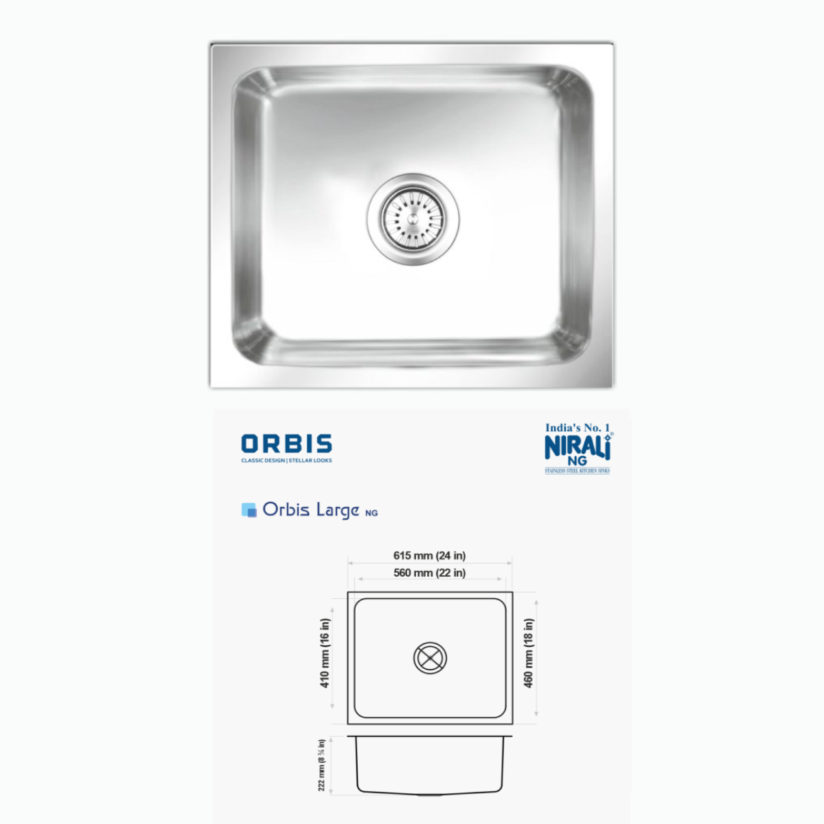 Nirali NG AISI 304 Grade Stainless Steel Single Bowl Kitchen Sink Orbis NG - InArt-Studio